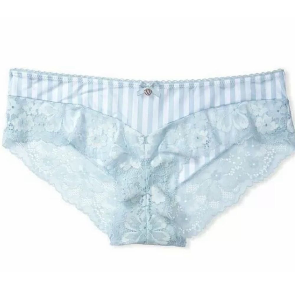 Victorias Secret Body Supersoft Satiny Striped Lace waist Hiphugger Panty Blue